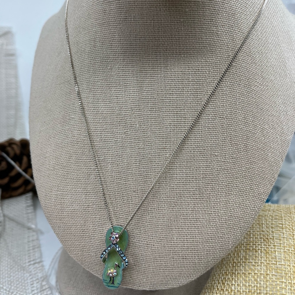 Vintage Sterling Silver Flip-Flop Pendant Necklace with Flamingo & Crystals, 18” - Picture 11 of 15